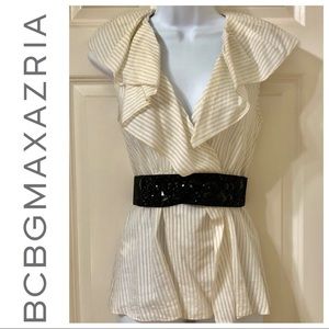 BCBG striped ruffle work shirt with beaded belt